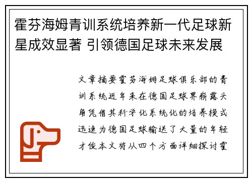 霍芬海姆青训系统培养新一代足球新星成效显著 引领德国足球未来发展