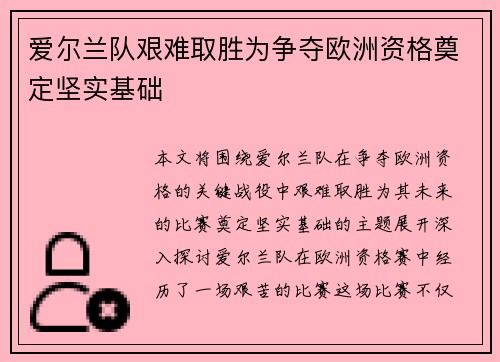 爱尔兰队艰难取胜为争夺欧洲资格奠定坚实基础